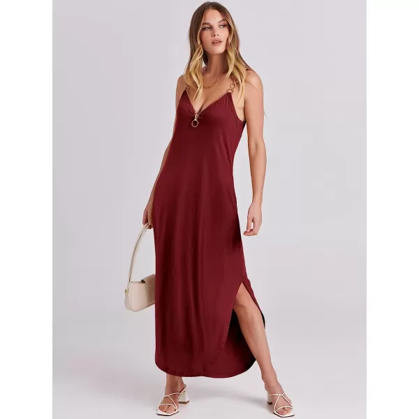 imageANRABESS Womens Summer Casual Loose Sleeveless Straps V Neck Zipper Front Flowy Slit Maxi Beach Sun DressBurgundy