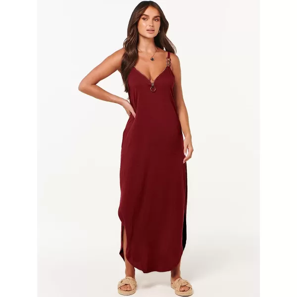 imageANRABESS Womens Summer Casual Loose Sleeveless Straps V Neck Zipper Front Flowy Slit Maxi Beach Sun DressBurgundy
