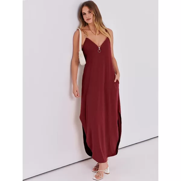 imageANRABESS Womens Summer Casual Loose Sleeveless Straps V Neck Zipper Front Flowy Slit Maxi Beach Sun DressBurgundy