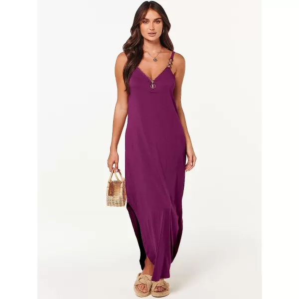 imageANRABESS Womens Summer Casual Loose Sleeveless Straps V Neck Zipper Front Flowy Slit Maxi Beach Sun DressFuchsia