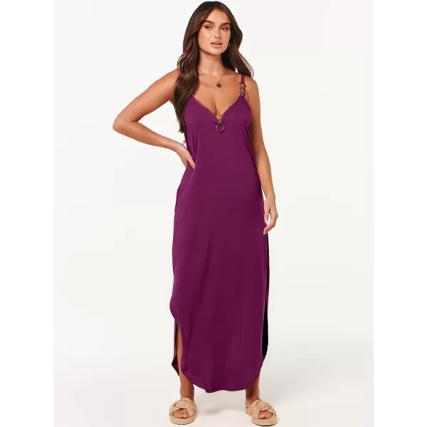 imageANRABESS Womens Summer Casual Loose Sleeveless Straps V Neck Zipper Front Flowy Slit Maxi Beach Sun DressFuchsia
