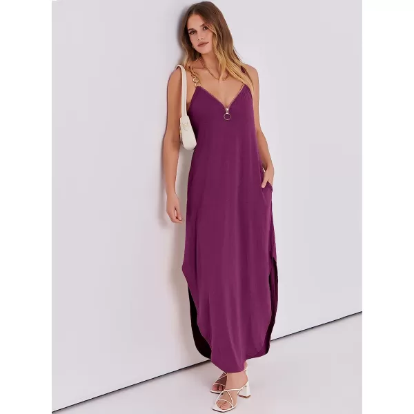 imageANRABESS Womens Summer Casual Loose Sleeveless Straps V Neck Zipper Front Flowy Slit Maxi Beach Sun DressFuchsia