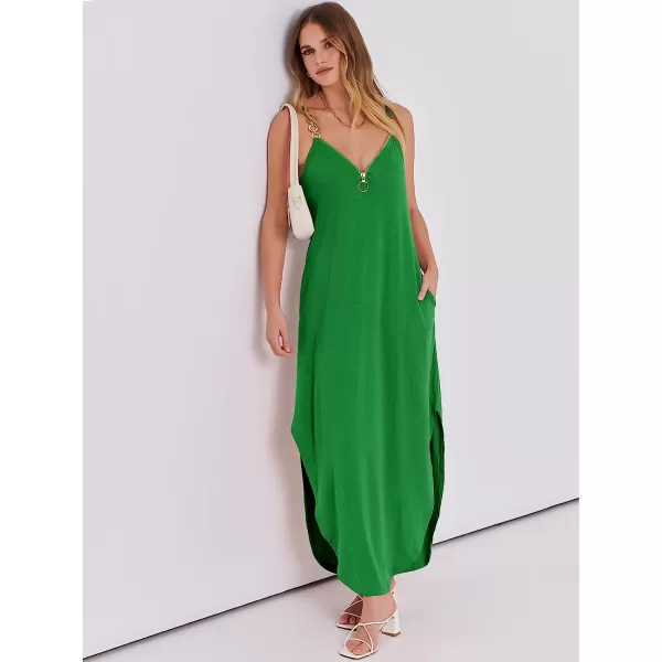 imageANRABESS Womens Summer Casual Loose Sleeveless Straps V Neck Zipper Front Flowy Slit Maxi Beach Sun DressGrass