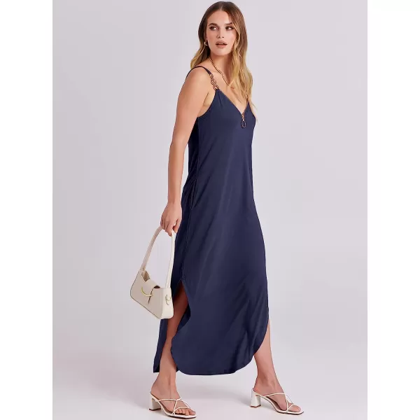imageANRABESS Womens Summer Casual Loose Sleeveless Straps V Neck Zipper Front Flowy Slit Maxi Beach Sun DressNavy Blue