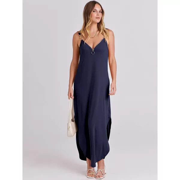 imageANRABESS Womens Summer Casual Loose Sleeveless Straps V Neck Zipper Front Flowy Slit Maxi Beach Sun DressNavy Blue