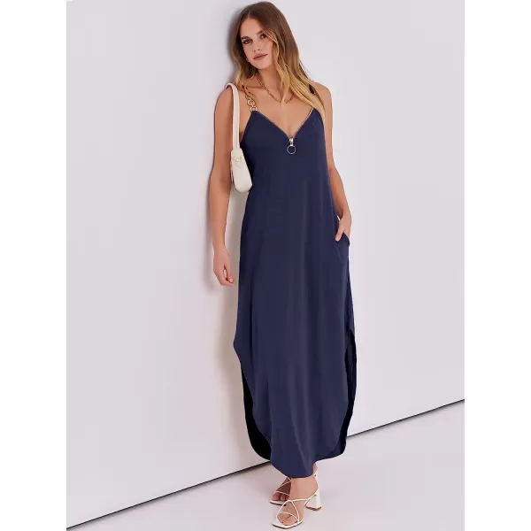 imageANRABESS Womens Summer Casual Loose Sleeveless Straps V Neck Zipper Front Flowy Slit Maxi Beach Sun DressNavy Blue