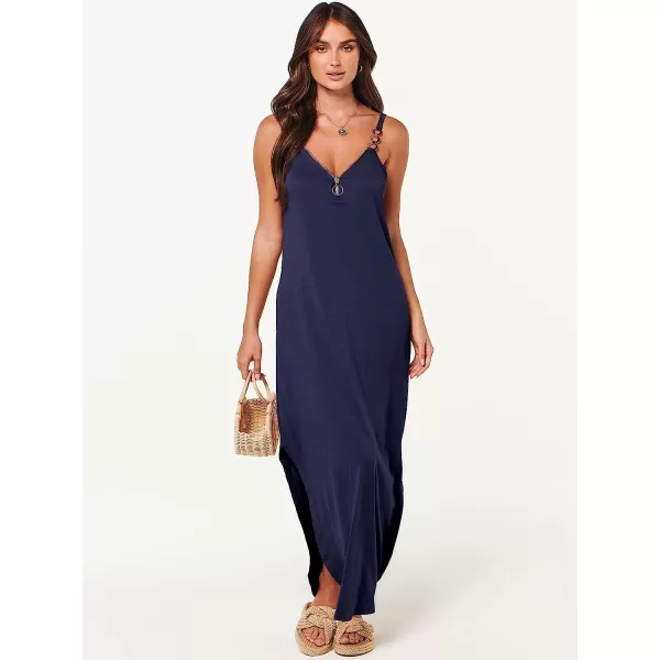imageANRABESS Womens Summer Casual Loose Sleeveless Straps V Neck Zipper Front Flowy Slit Maxi Beach Sun DressNavy Blue