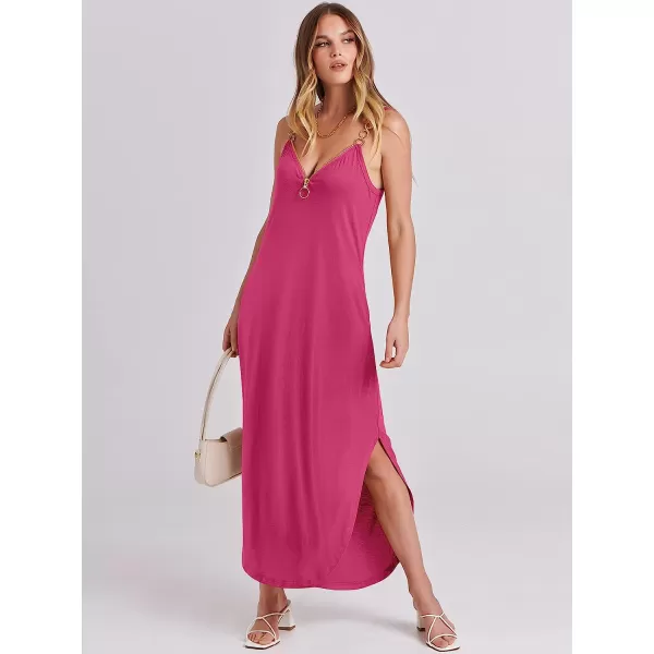 imageANRABESS Womens Summer Casual Loose Sleeveless Straps V Neck Zipper Front Flowy Slit Maxi Beach Sun DressPink