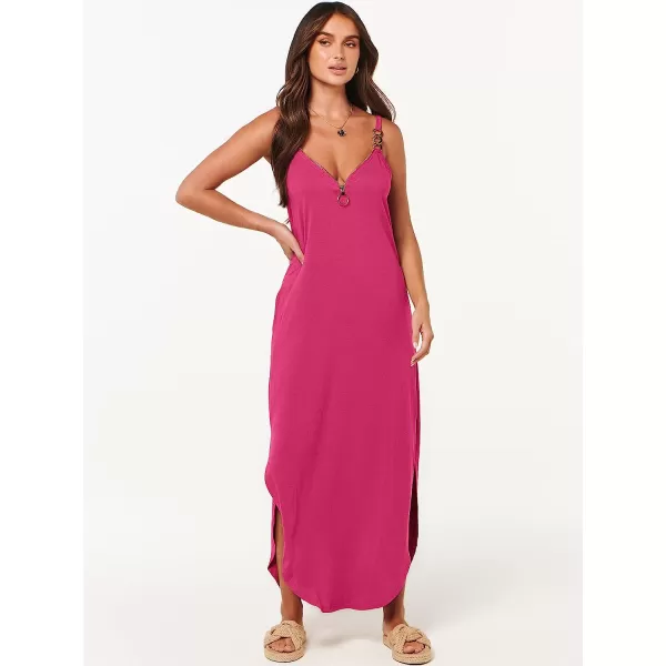 imageANRABESS Womens Summer Casual Loose Sleeveless Straps V Neck Zipper Front Flowy Slit Maxi Beach Sun DressPink