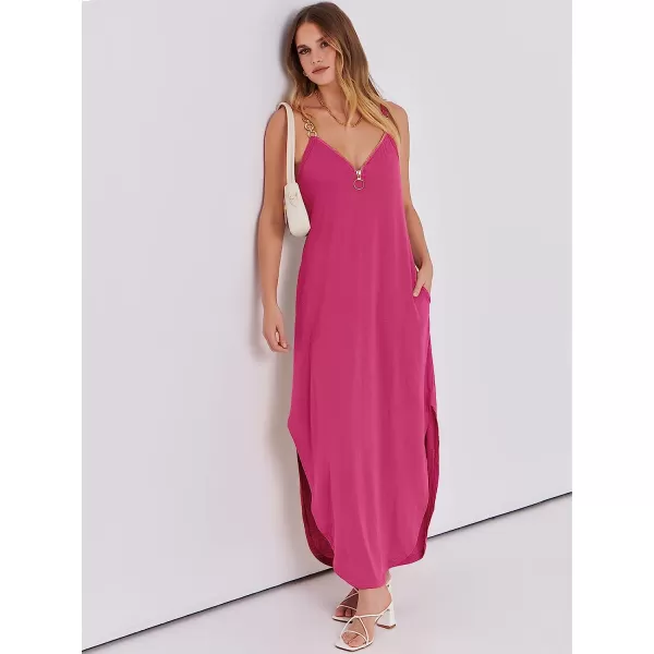 imageANRABESS Womens Summer Casual Loose Sleeveless Straps V Neck Zipper Front Flowy Slit Maxi Beach Sun DressPink