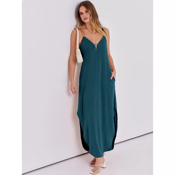 imageANRABESS Womens Summer Casual Loose Sleeveless Straps V Neck Zipper Front Flowy Slit Maxi Beach Sun DressTeal Blue