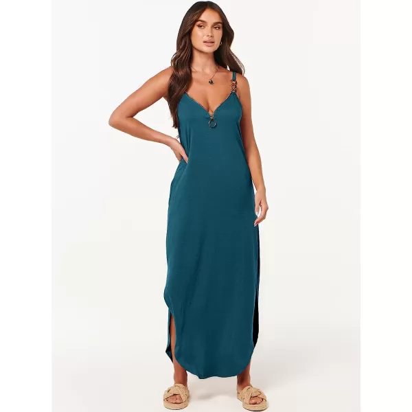 imageANRABESS Womens Summer Casual Loose Sleeveless Straps V Neck Zipper Front Flowy Slit Maxi Beach Sun DressTeal Blue