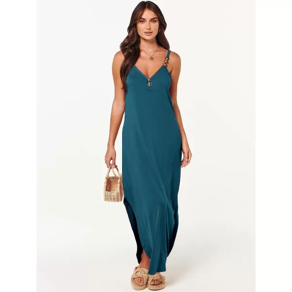 imageANRABESS Womens Summer Casual Loose Sleeveless Straps V Neck Zipper Front Flowy Slit Maxi Beach Sun DressTeal Blue