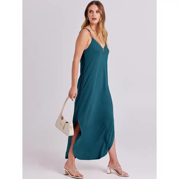 imageANRABESS Womens Summer Casual Loose Sleeveless Straps V Neck Zipper Front Flowy Slit Maxi Beach Sun DressTeal Blue