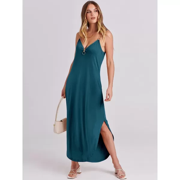 imageANRABESS Womens Summer Casual Loose Sleeveless Straps V Neck Zipper Front Flowy Slit Maxi Beach Sun DressTeal Blue