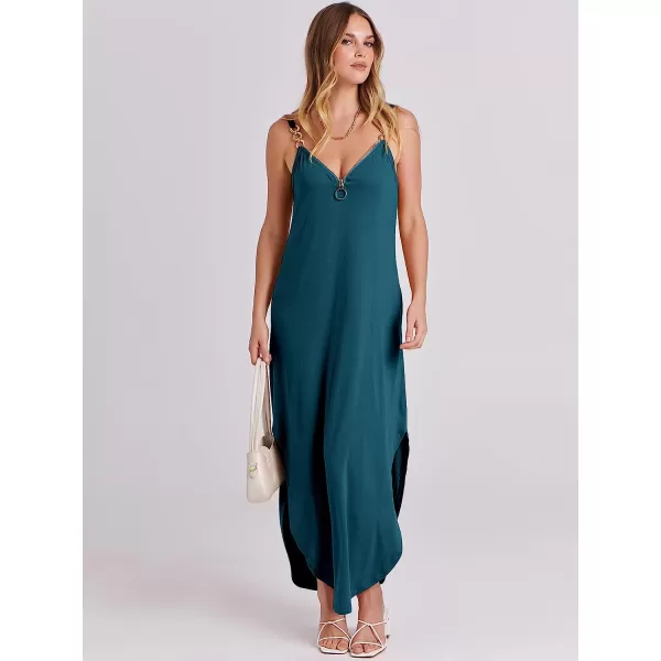 imageANRABESS Womens Summer Casual Loose Sleeveless Straps V Neck Zipper Front Flowy Slit Maxi Beach Sun DressTeal Blue