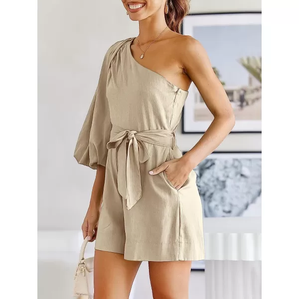 imageANRABESS Womens Summer Casual One Shoulder 34 Puff Sleeve Tie Waist Short Jumpsuit Romper OutfitsApricot