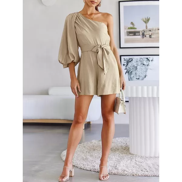 imageANRABESS Womens Summer Casual One Shoulder 34 Puff Sleeve Tie Waist Short Jumpsuit Romper OutfitsApricot