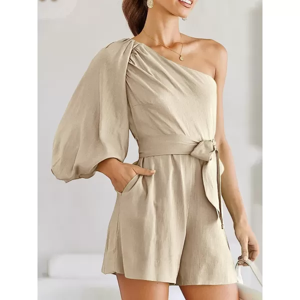 imageANRABESS Womens Summer Casual One Shoulder 34 Puff Sleeve Tie Waist Short Jumpsuit Romper OutfitsApricot