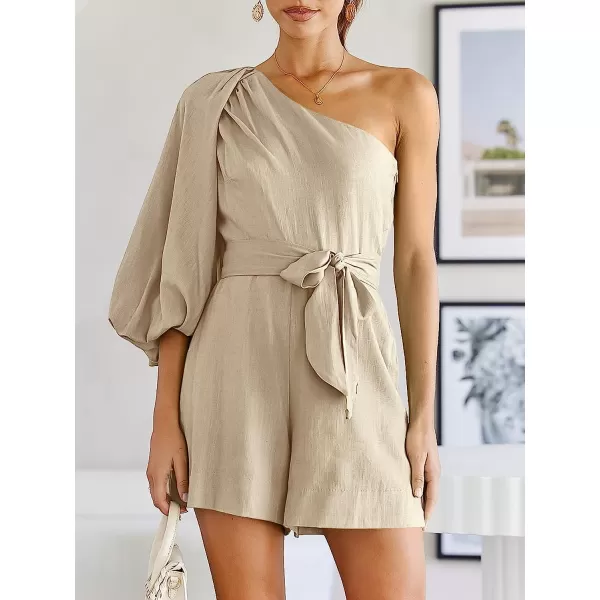 imageANRABESS Womens Summer Casual One Shoulder 34 Puff Sleeve Tie Waist Short Jumpsuit Romper OutfitsApricot