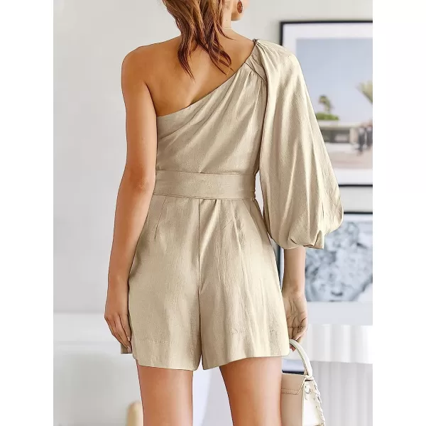 imageANRABESS Womens Summer Casual One Shoulder 34 Puff Sleeve Tie Waist Short Jumpsuit Romper OutfitsApricot