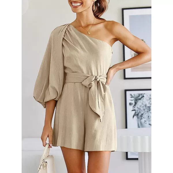 imageANRABESS Womens Summer Casual One Shoulder 34 Puff Sleeve Tie Waist Short Jumpsuit Romper OutfitsApricot