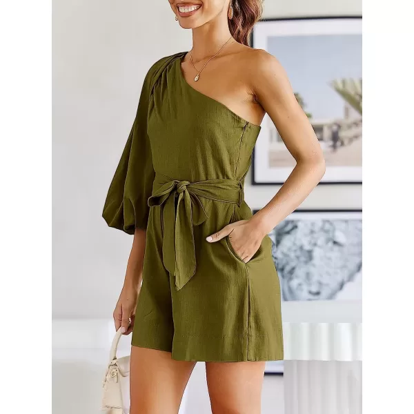 imageANRABESS Womens Summer Casual One Shoulder 34 Puff Sleeve Tie Waist Short Jumpsuit Romper OutfitsArmy Green