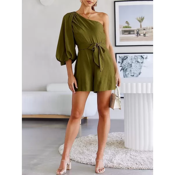 imageANRABESS Womens Summer Casual One Shoulder 34 Puff Sleeve Tie Waist Short Jumpsuit Romper OutfitsArmy Green