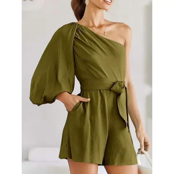 imageANRABESS Womens Summer Casual One Shoulder 34 Puff Sleeve Tie Waist Short Jumpsuit Romper OutfitsArmy Green