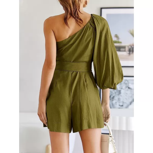 imageANRABESS Womens Summer Casual One Shoulder 34 Puff Sleeve Tie Waist Short Jumpsuit Romper OutfitsArmy Green