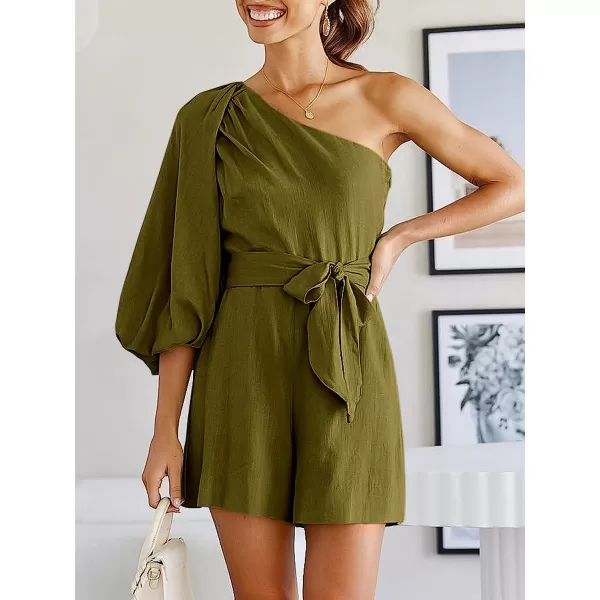 imageANRABESS Womens Summer Casual One Shoulder 34 Puff Sleeve Tie Waist Short Jumpsuit Romper OutfitsArmy Green