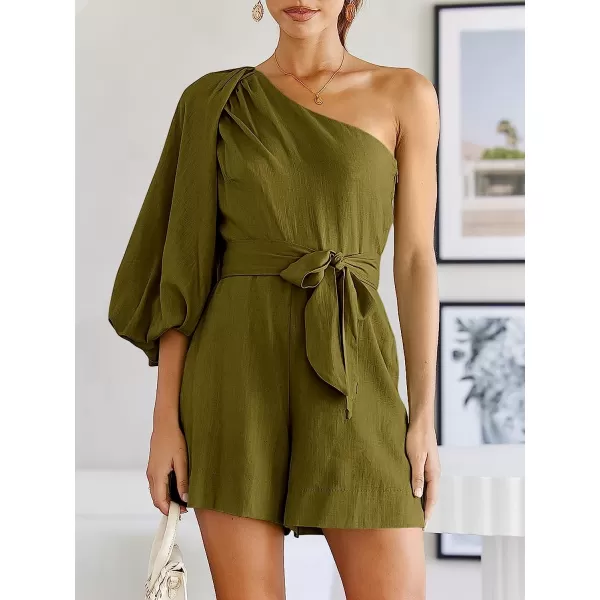 imageANRABESS Womens Summer Casual One Shoulder 34 Puff Sleeve Tie Waist Short Jumpsuit Romper OutfitsArmy Green