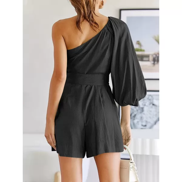 imageANRABESS Womens Summer Casual One Shoulder 34 Puff Sleeve Tie Waist Short Jumpsuit Romper OutfitsBlack