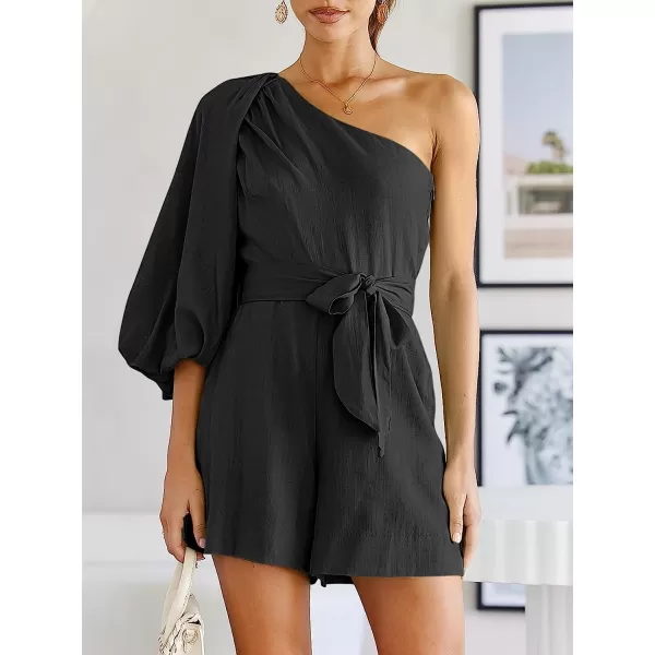 imageANRABESS Womens Summer Casual One Shoulder 34 Puff Sleeve Tie Waist Short Jumpsuit Romper OutfitsBlack