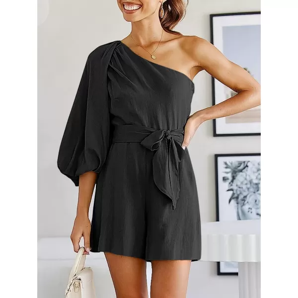 imageANRABESS Womens Summer Casual One Shoulder 34 Puff Sleeve Tie Waist Short Jumpsuit Romper OutfitsBlack