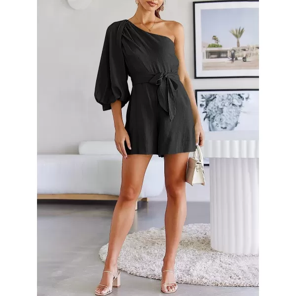 imageANRABESS Womens Summer Casual One Shoulder 34 Puff Sleeve Tie Waist Short Jumpsuit Romper OutfitsBlack