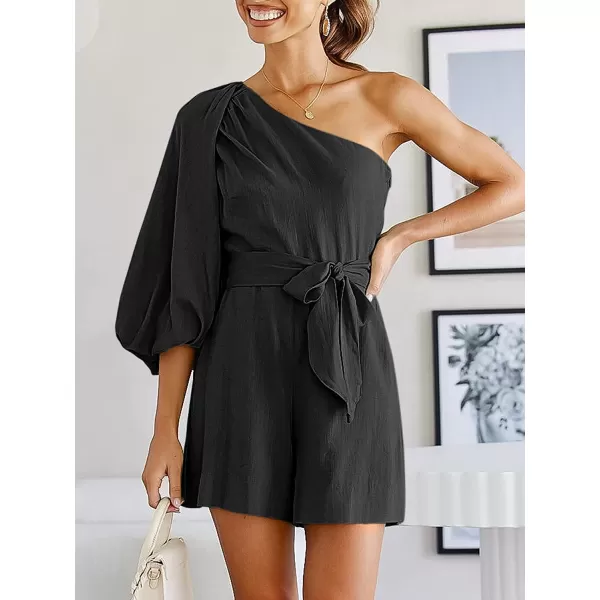 imageANRABESS Womens Summer Casual One Shoulder 34 Puff Sleeve Tie Waist Short Jumpsuit Romper OutfitsBlack