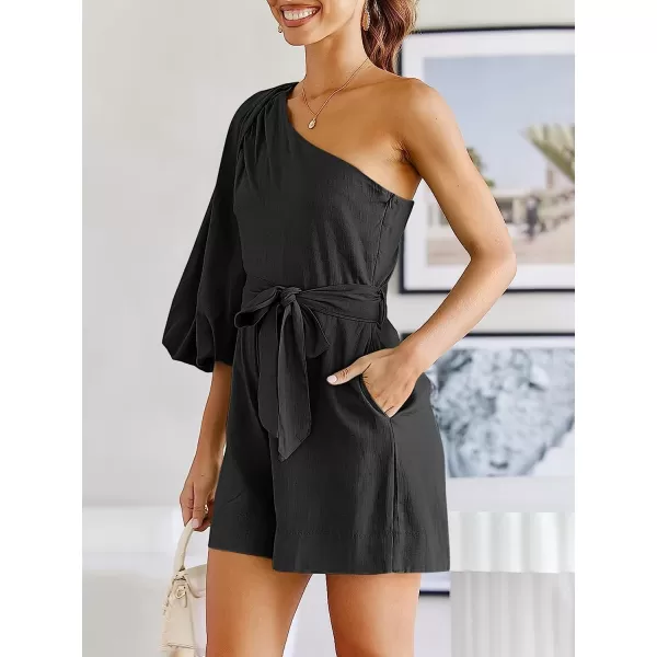 imageANRABESS Womens Summer Casual One Shoulder 34 Puff Sleeve Tie Waist Short Jumpsuit Romper OutfitsBlack