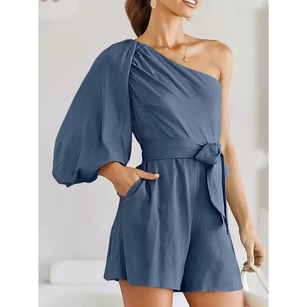 imageANRABESS Womens Summer Casual One Shoulder 34 Puff Sleeve Tie Waist Short Jumpsuit Romper OutfitsGray Blue