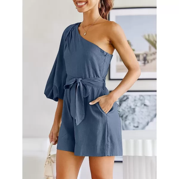 imageANRABESS Womens Summer Casual One Shoulder 34 Puff Sleeve Tie Waist Short Jumpsuit Romper OutfitsGray Blue