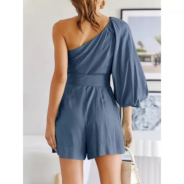 imageANRABESS Womens Summer Casual One Shoulder 34 Puff Sleeve Tie Waist Short Jumpsuit Romper OutfitsGray Blue