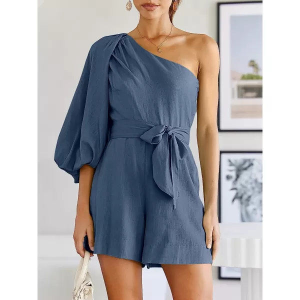 imageANRABESS Womens Summer Casual One Shoulder 34 Puff Sleeve Tie Waist Short Jumpsuit Romper OutfitsGray Blue