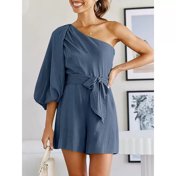 imageANRABESS Womens Summer Casual One Shoulder 34 Puff Sleeve Tie Waist Short Jumpsuit Romper OutfitsGray Blue