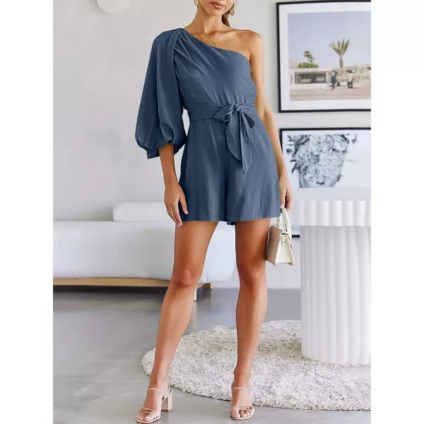 imageANRABESS Womens Summer Casual One Shoulder 34 Puff Sleeve Tie Waist Short Jumpsuit Romper OutfitsGray Blue