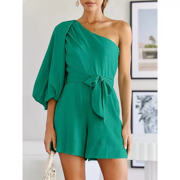 imageANRABESS Womens Summer Casual One Shoulder 34 Puff Sleeve Tie Waist Short Jumpsuit Romper OutfitsLake