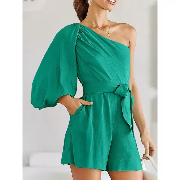 imageANRABESS Womens Summer Casual One Shoulder 34 Puff Sleeve Tie Waist Short Jumpsuit Romper OutfitsLake