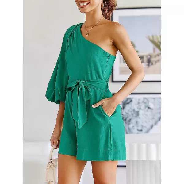 imageANRABESS Womens Summer Casual One Shoulder 34 Puff Sleeve Tie Waist Short Jumpsuit Romper OutfitsLake
