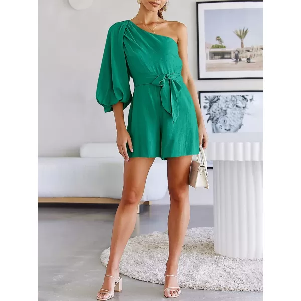 imageANRABESS Womens Summer Casual One Shoulder 34 Puff Sleeve Tie Waist Short Jumpsuit Romper OutfitsLake