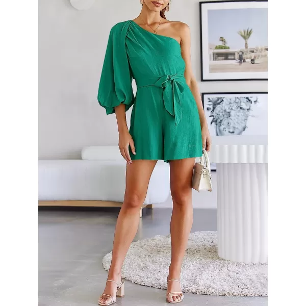 imageANRABESS Womens Summer Casual One Shoulder 34 Puff Sleeve Tie Waist Short Jumpsuit Romper OutfitsLake