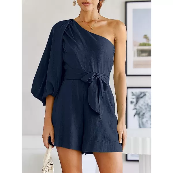 imageANRABESS Womens Summer Casual One Shoulder 34 Puff Sleeve Tie Waist Short Jumpsuit Romper OutfitsNavy Blue